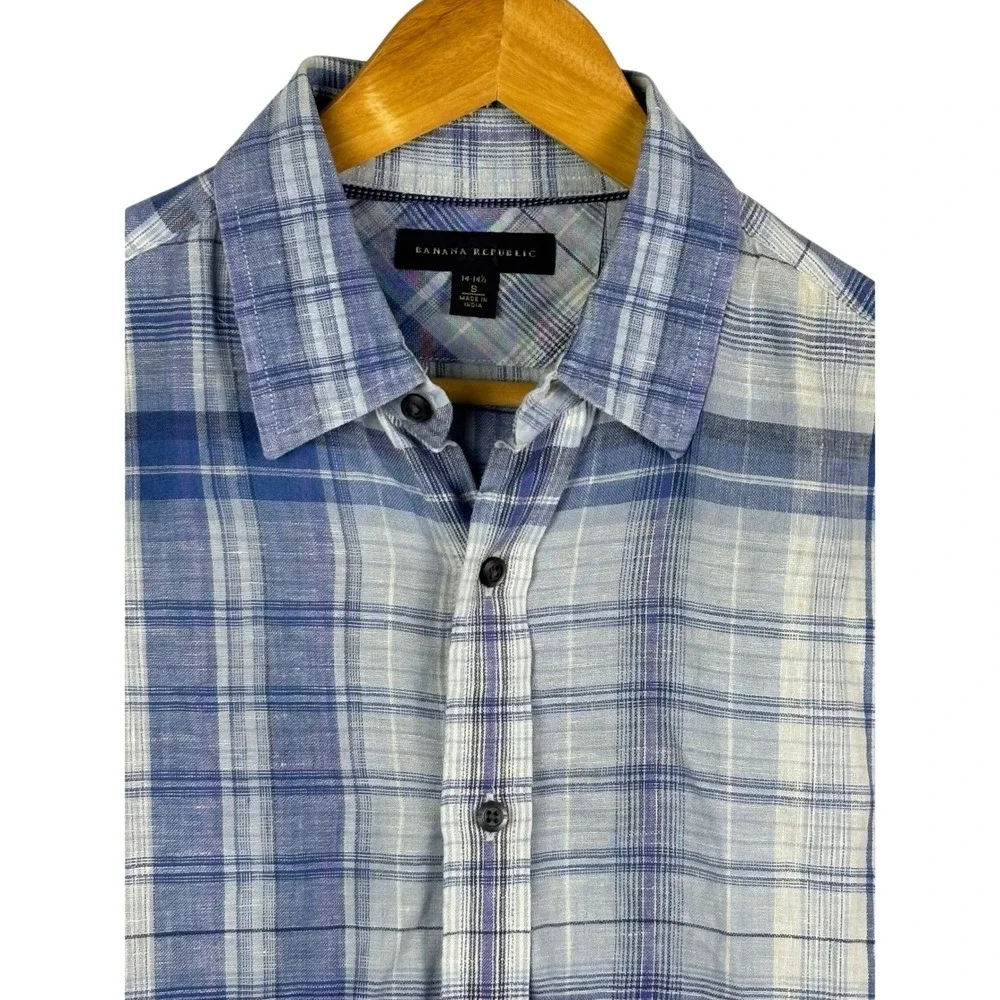 Banana Republic Mens Plaid 100% Linen Long Sleeve Button Down Shirt Sz S Beachy